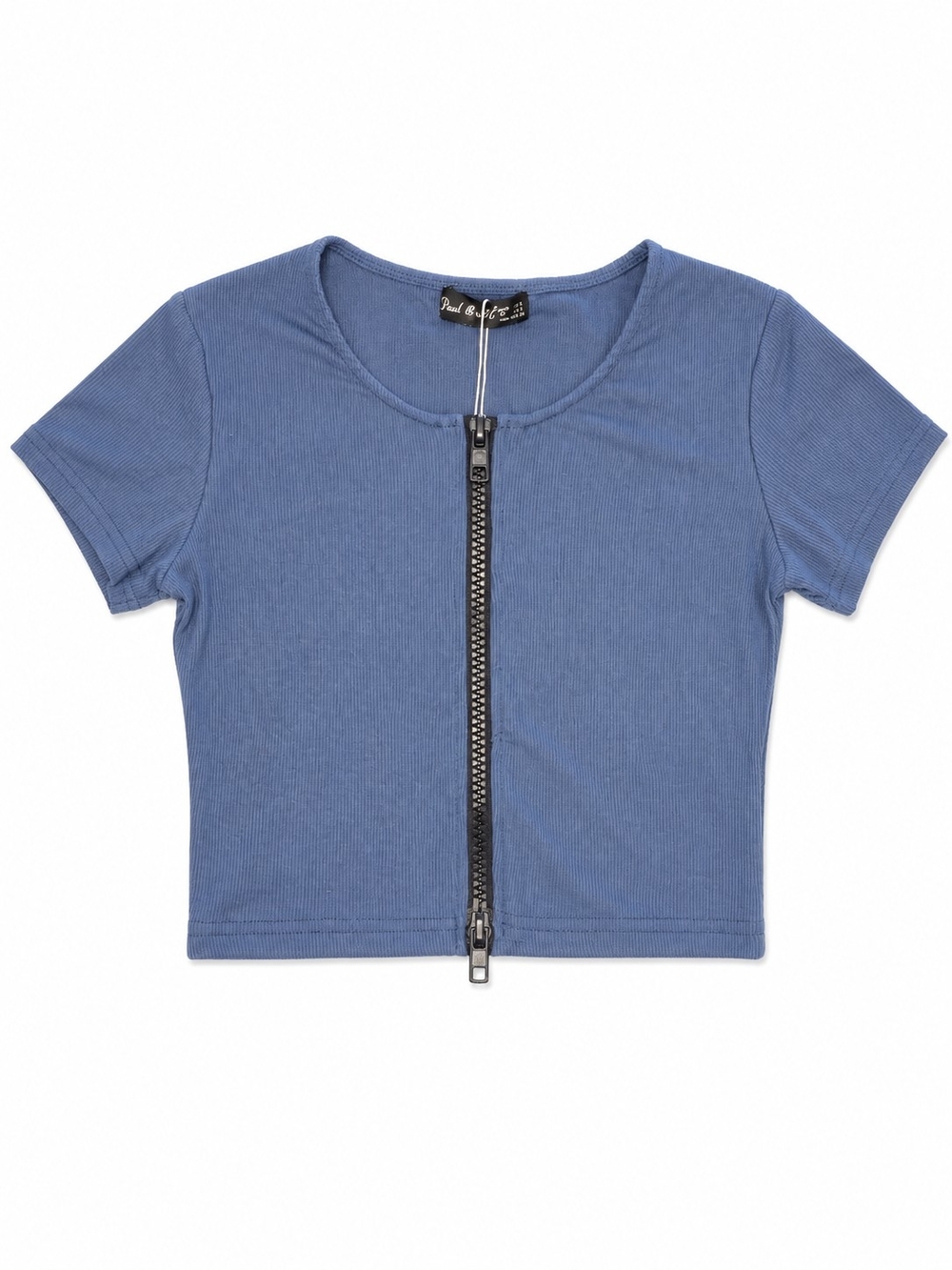 NWT Just Quella Ribbed Zip-Front Crop Top in Slate Blue, Size Small